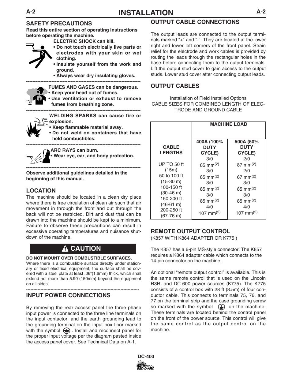 Installation, Caution | Lincoln Electric IM655 RED-D-ARC DC-400 User Manual | Page 10 / 42