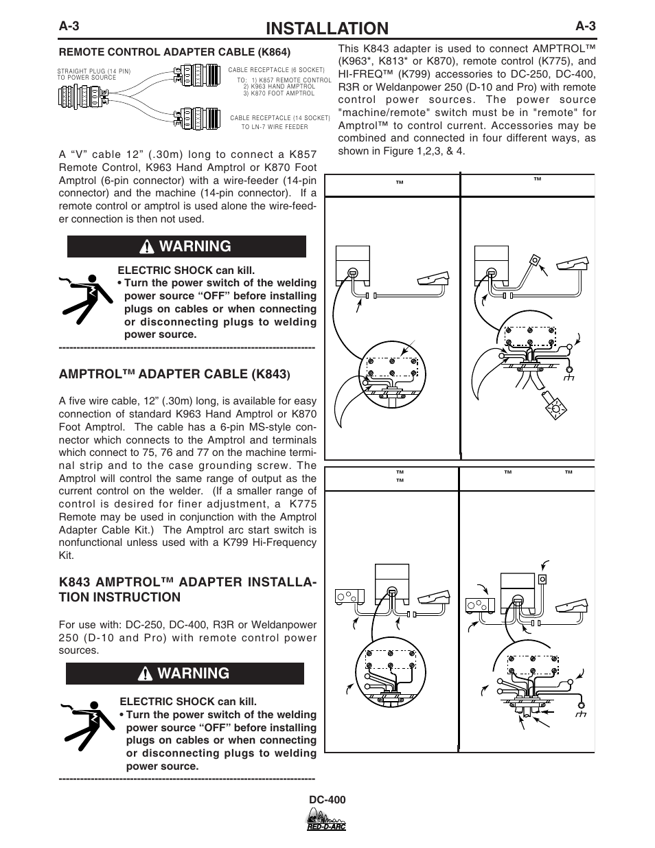 Installation, Warning, Amptrol™ adapter cable (k843 | K843 amptrol™ adapter installa- tion instruction, Dc-400 | Lincoln Electric IM655 RED-D-ARC DC-400 User Manual | Page 11 / 42