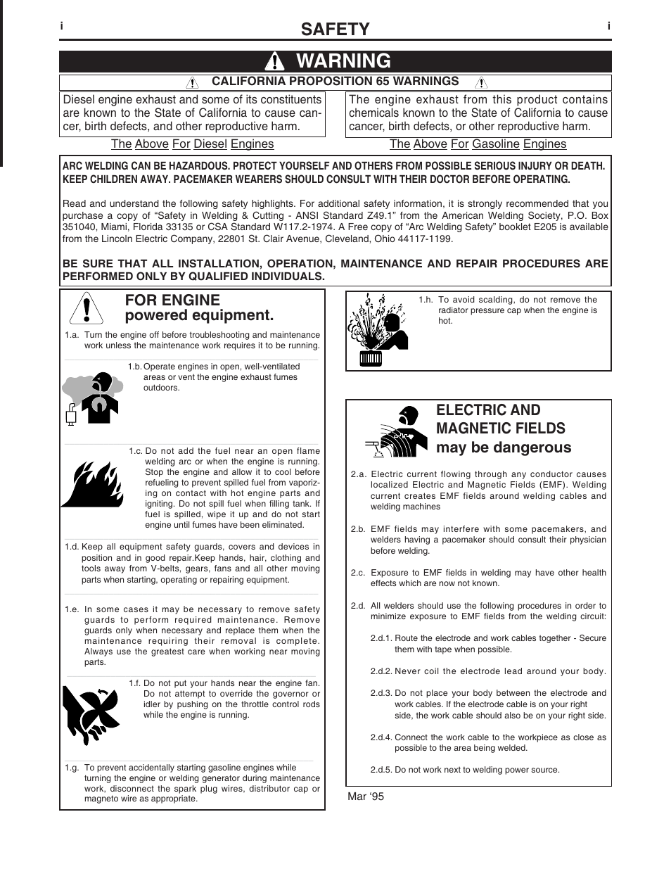 Warning, Safety, For engine powered equipment | Electric and magnetic fields may be dangerous | Lincoln Electric IM655 RED-D-ARC DC-400 User Manual | Page 2 / 42