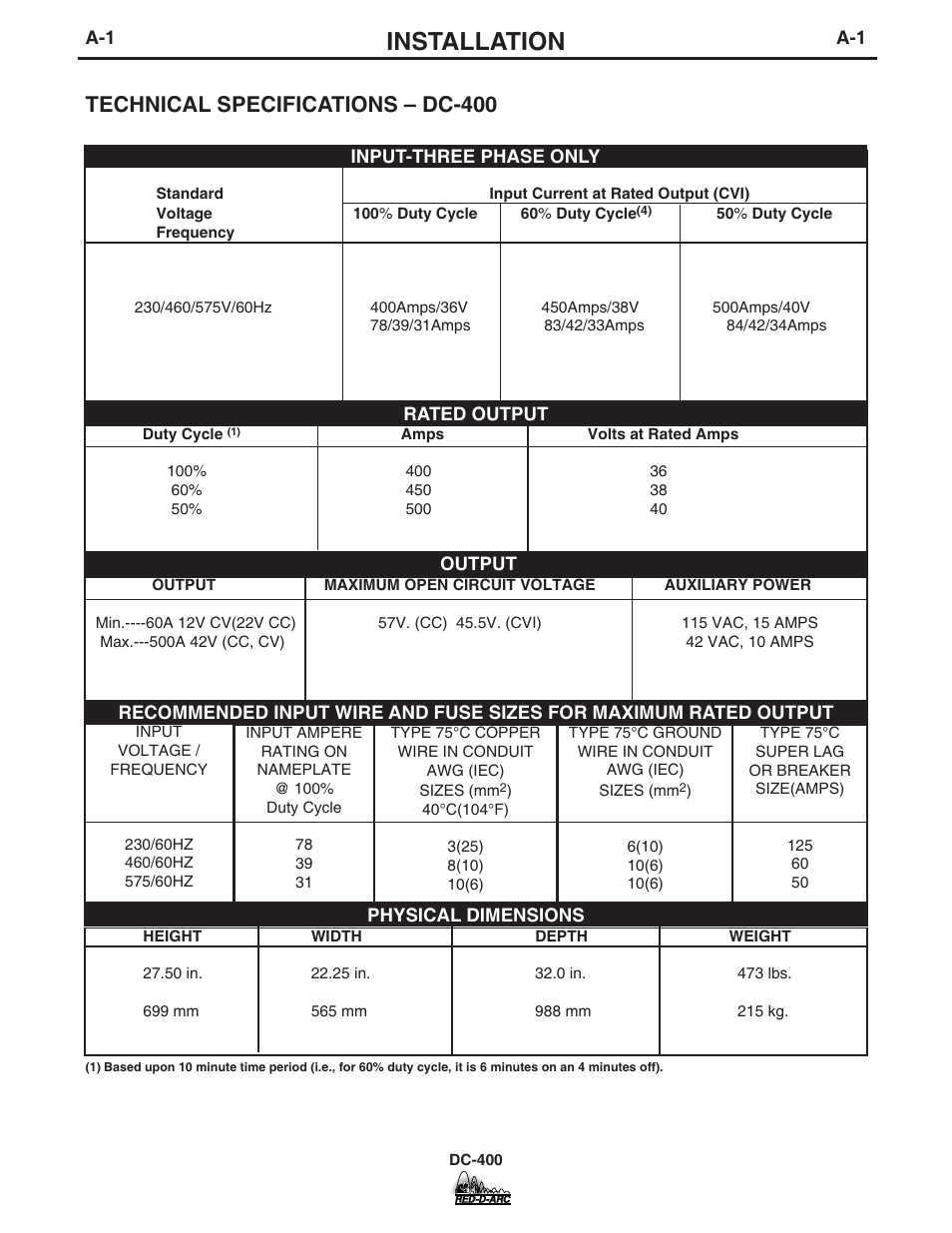 Installation, Technical specifications – dc-400 | Lincoln Electric IM655 RED-D-ARC DC-400 User Manual | Page 9 / 42