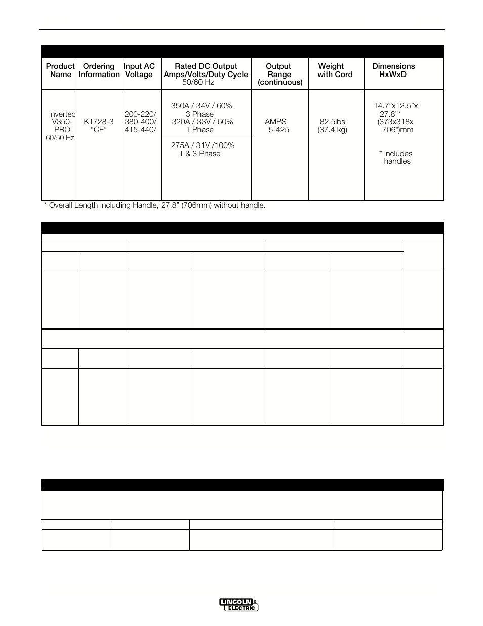 Installation, Technical specifications | Lincoln Electric IM708 INVERTEC V350-PRO (CE) User Manual | Page 10 / 38