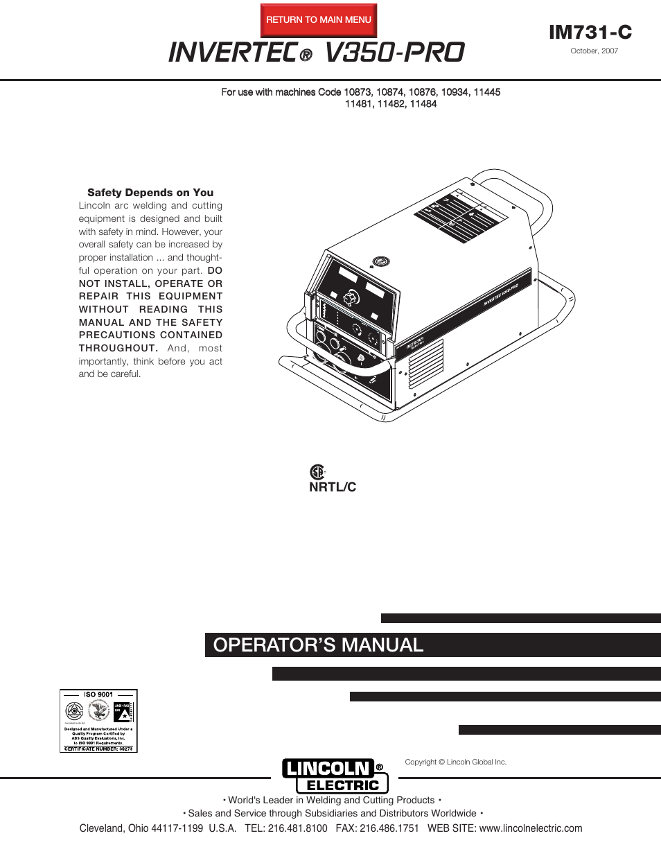 Lincoln Electric IM731 INVERTEC V350-PRO User Manual | 40 pages