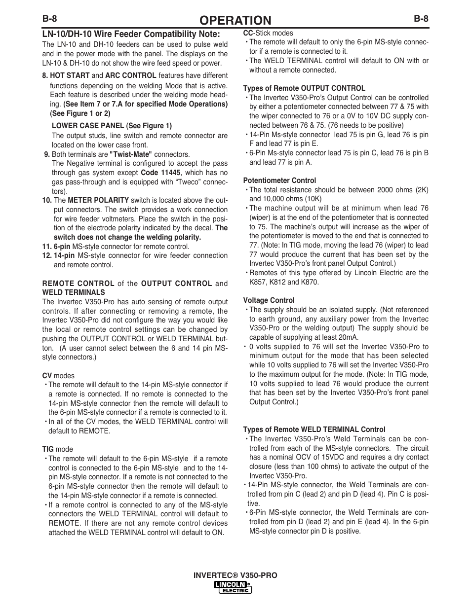 Operation | Lincoln Electric IM731 INVERTEC V350-PRO User Manual | Page 20 / 40