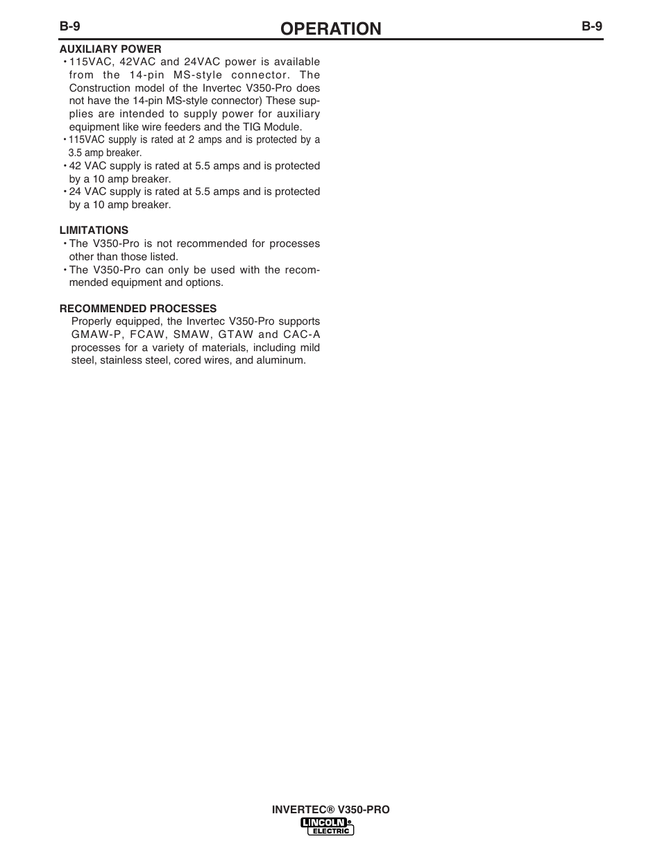 Operation | Lincoln Electric IM731 INVERTEC V350-PRO User Manual | Page 21 / 40