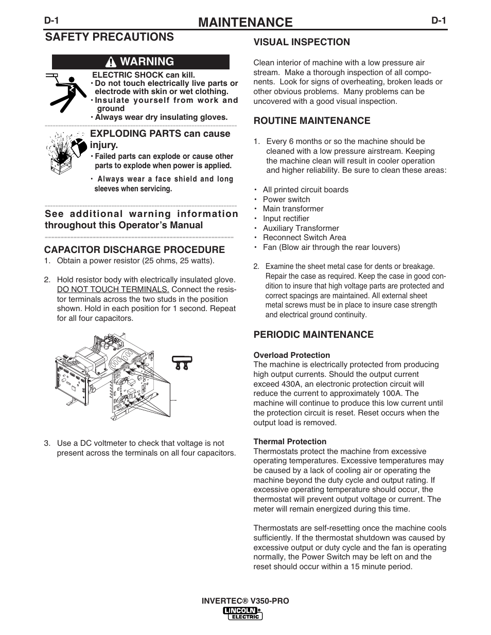 Maintenance, Safety precautions, Warning | Lincoln Electric IM731 INVERTEC V350-PRO User Manual | Page 23 / 40