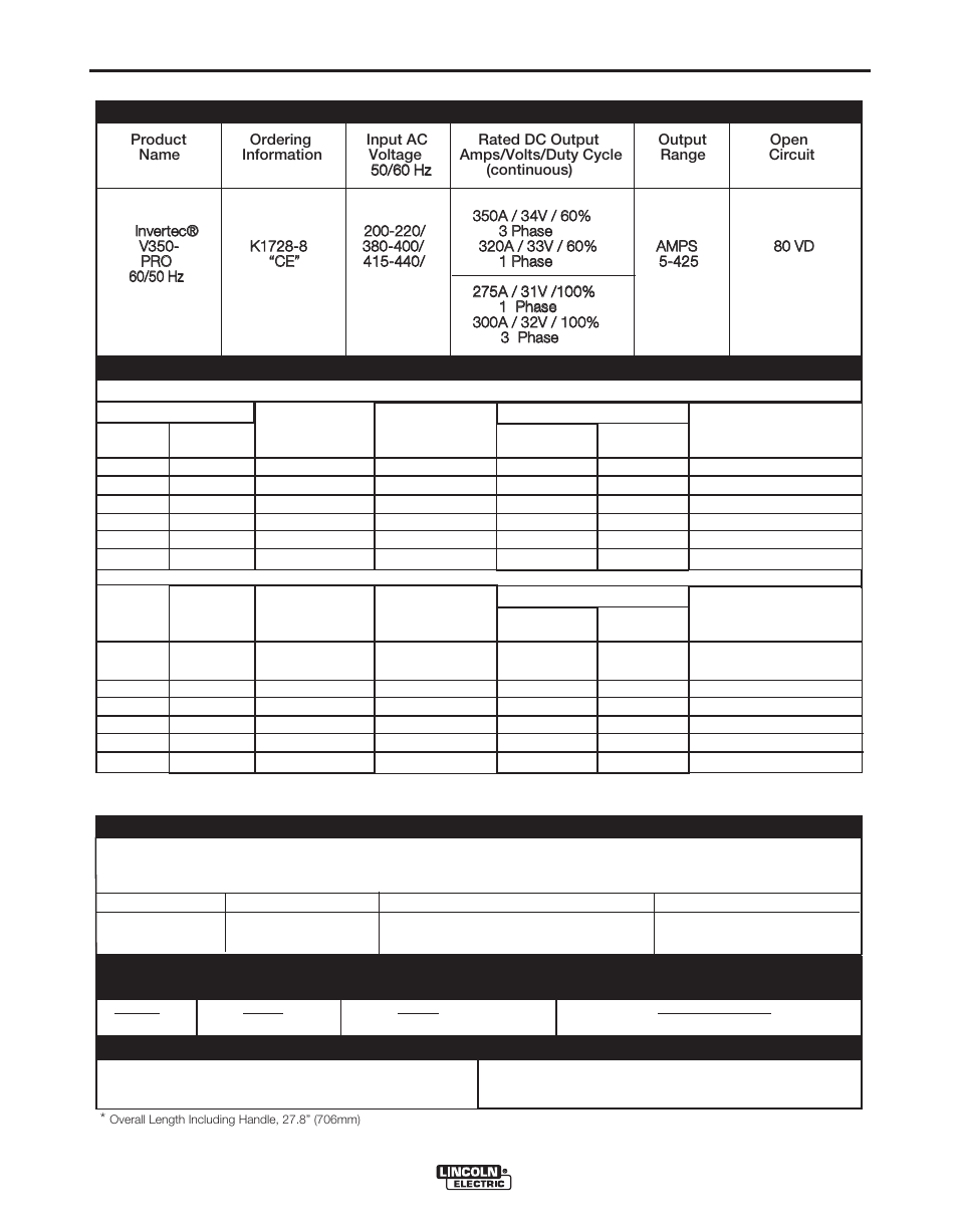 Installation, Technical specifications | Lincoln Electric IM732 INVERTEC V350-PRO (CE) User Manual | Page 10 / 36