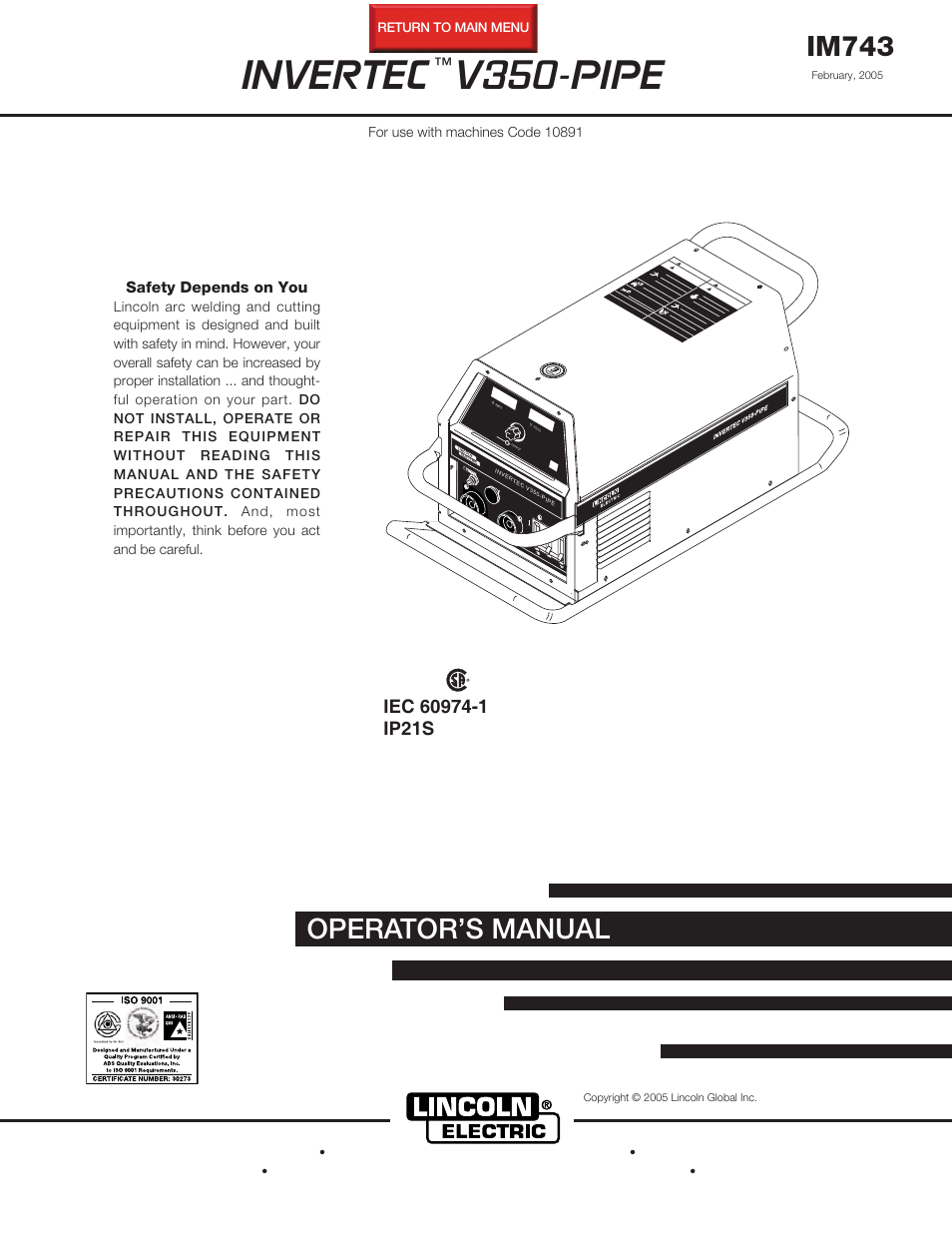 Lincoln Electric IM743 INVERTEC V350-PIPE User Manual | 36 pages