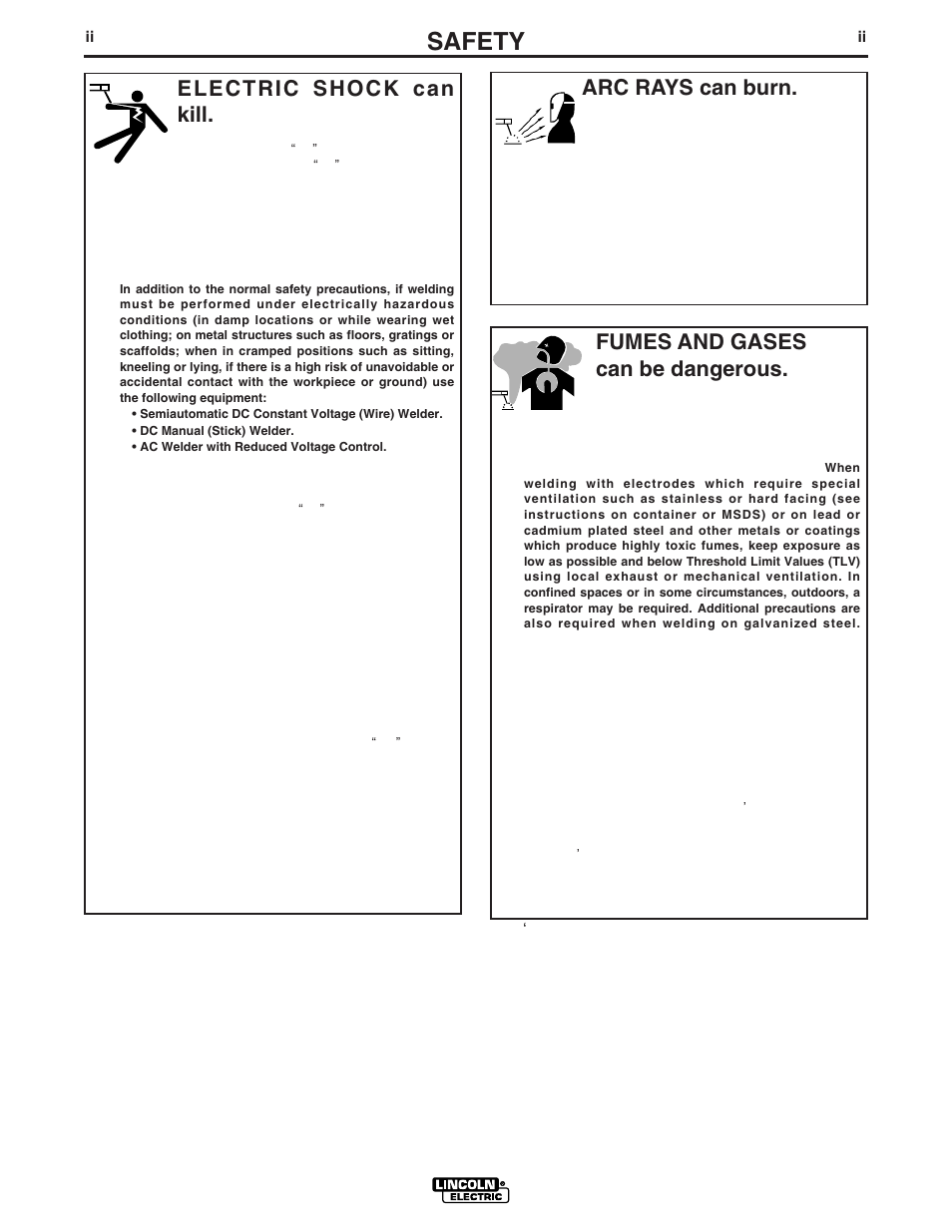 Safety, Arc rays can burn, Electric shock can kill | Fumes and gases can be dangerous | Lincoln Electric IM743 INVERTEC V350-PIPE User Manual | Page 3 / 36