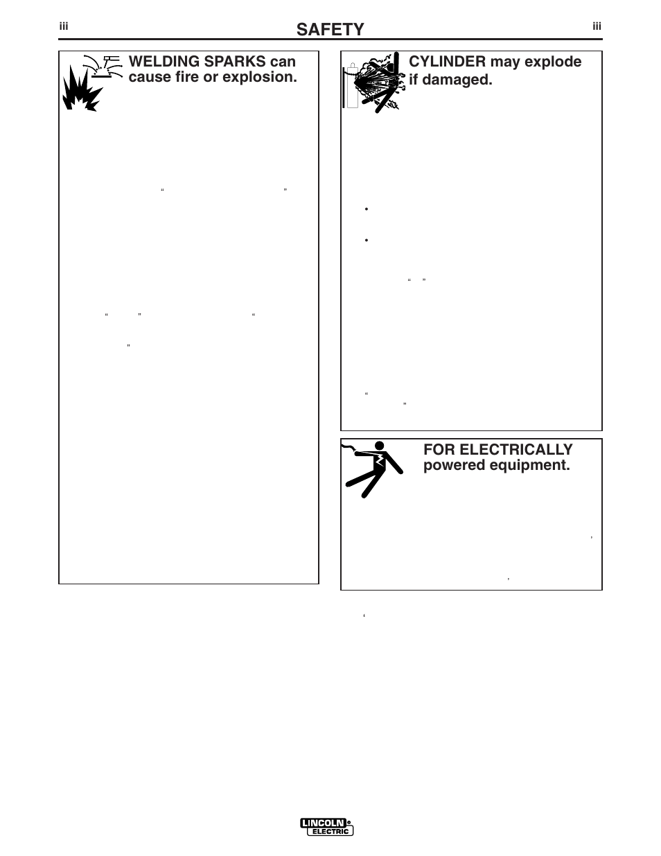 Safety, For electrically powered equipment, Cylinder may explode if damaged | Welding sparks can cause fire or explosion | Lincoln Electric IM743 INVERTEC V350-PIPE User Manual | Page 4 / 36