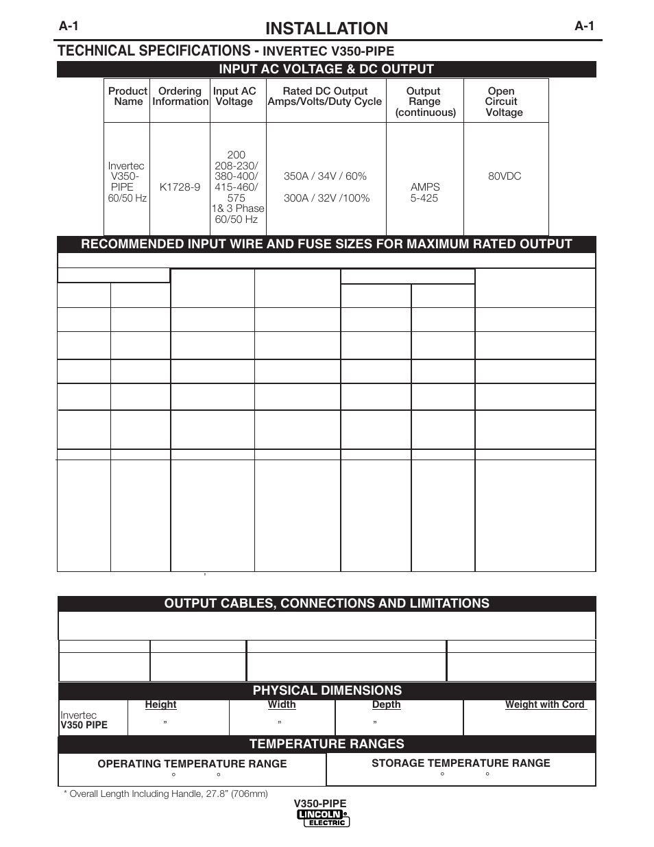 Installation, Technical specifications | Lincoln Electric IM743 INVERTEC V350-PIPE User Manual | Page 8 / 36