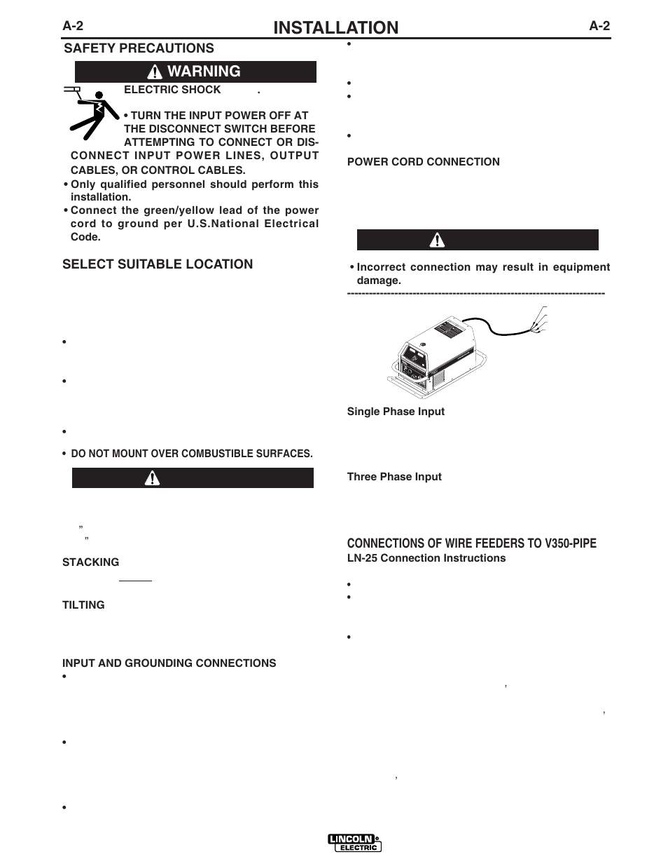 Installation, Warning, Caution | A-2 select suitable location, Safety precautions, Connections of wire feeders to v350-pipe | Lincoln Electric IM743 INVERTEC V350-PIPE User Manual | Page 9 / 36