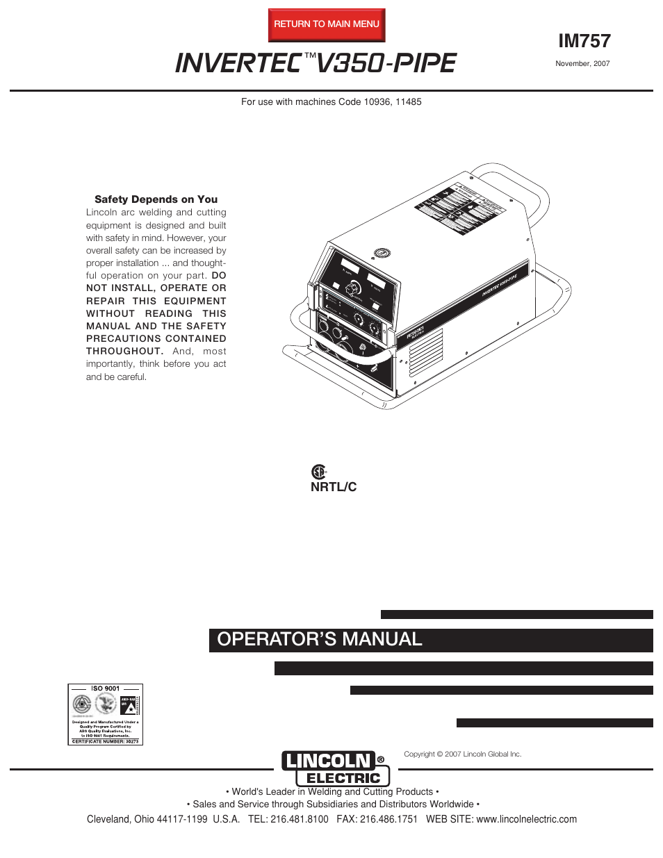 Lincoln Electric IM757 INVERTEC V350-PIPE User Manual | 32 pages