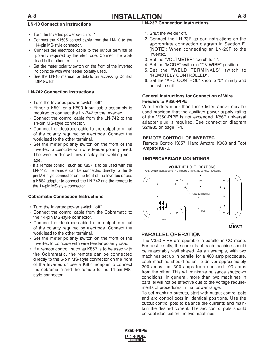 Installation, Parallel operation | Lincoln Electric IM757 INVERTEC V350-PIPE User Manual | Page 10 / 32