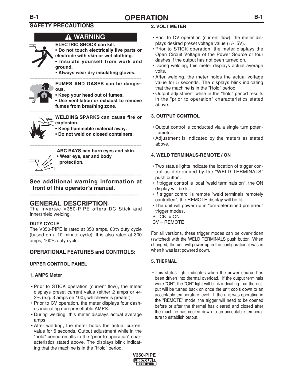 Operation, Warning general description | Lincoln Electric IM757 INVERTEC V350-PIPE User Manual | Page 11 / 32