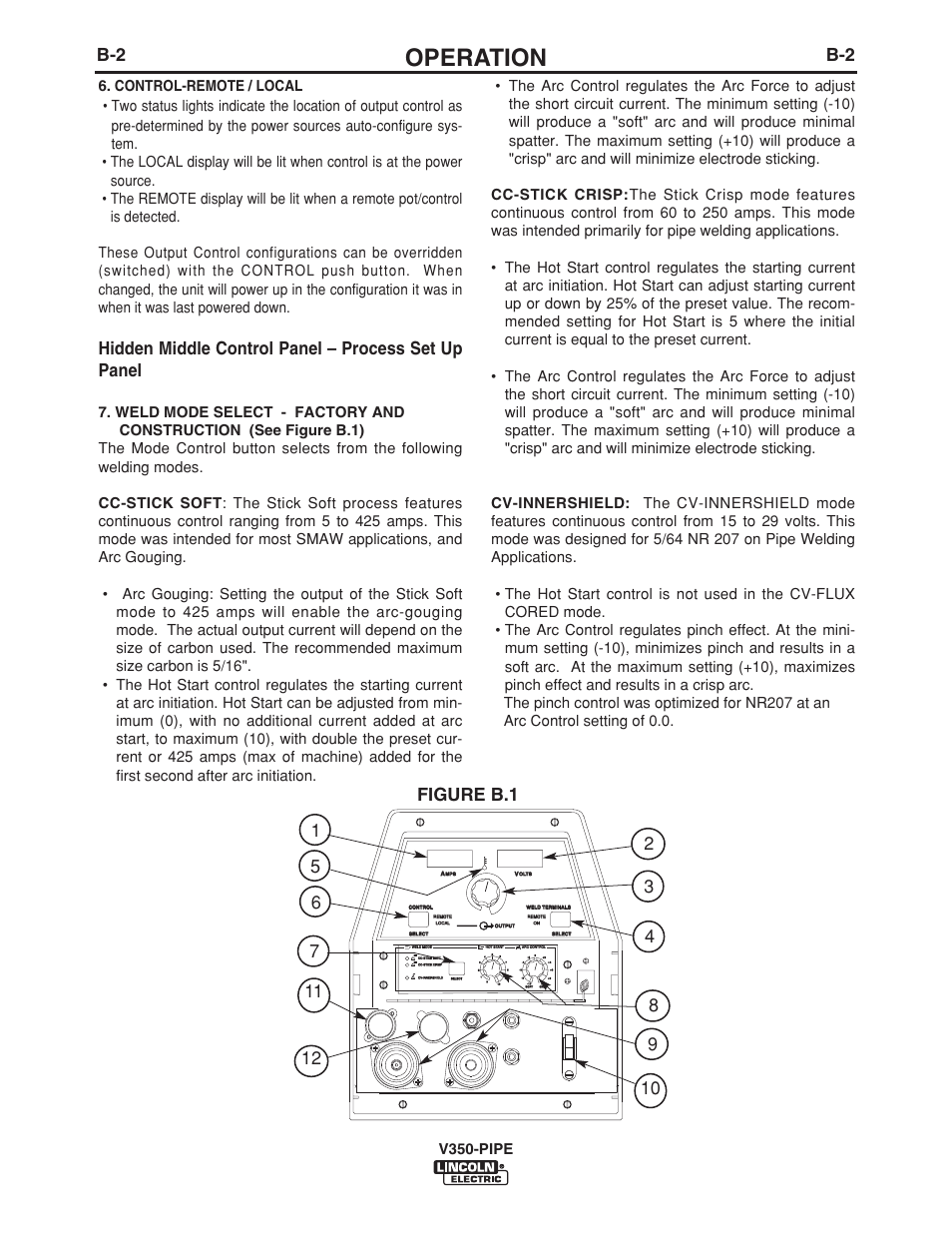 Operation, Hidden middle control panel – process set up panel | Lincoln Electric IM757 INVERTEC V350-PIPE User Manual | Page 12 / 32