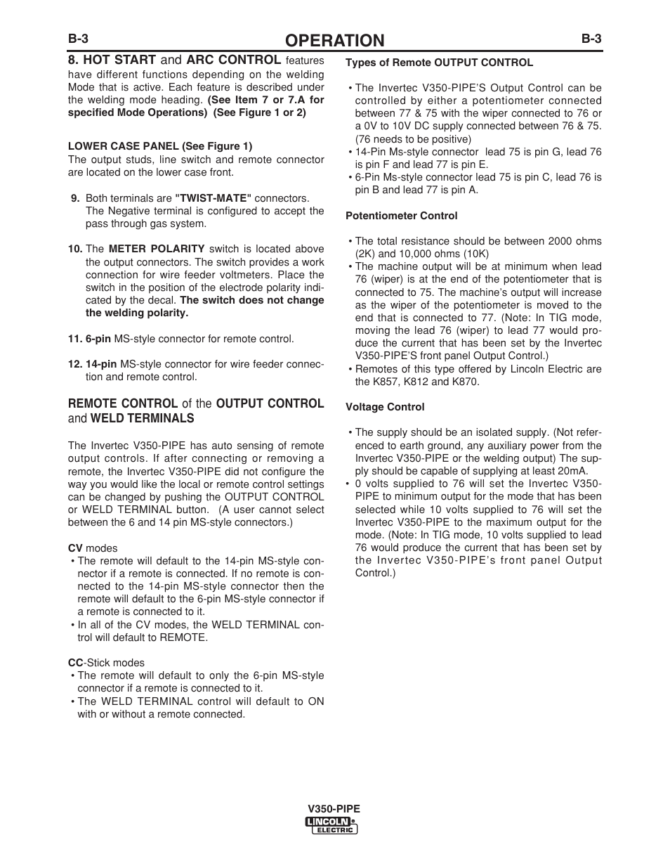 Operation | Lincoln Electric IM757 INVERTEC V350-PIPE User Manual | Page 13 / 32