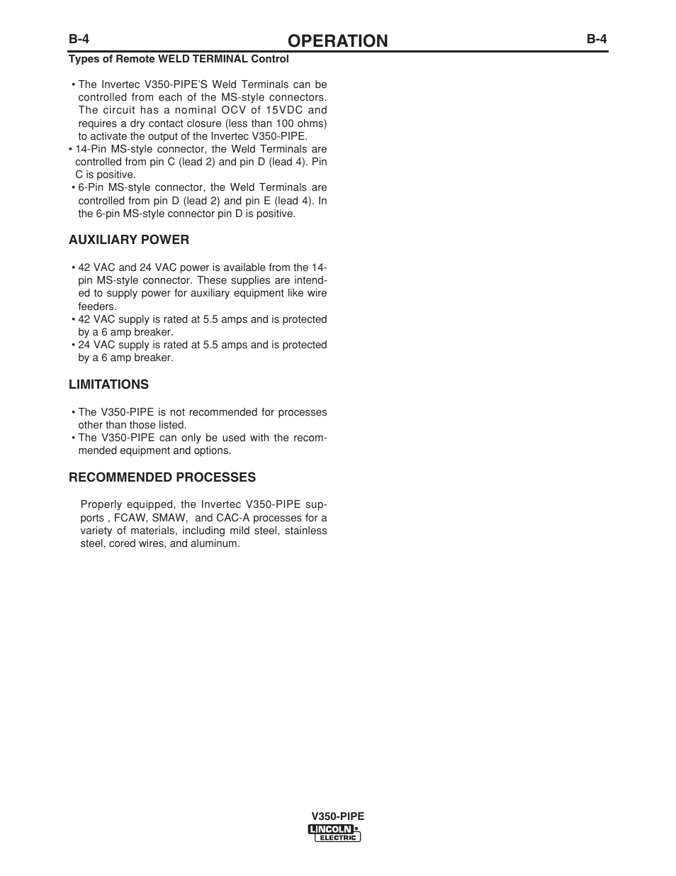 Operation | Lincoln Electric IM757 INVERTEC V350-PIPE User Manual | Page 14 / 32