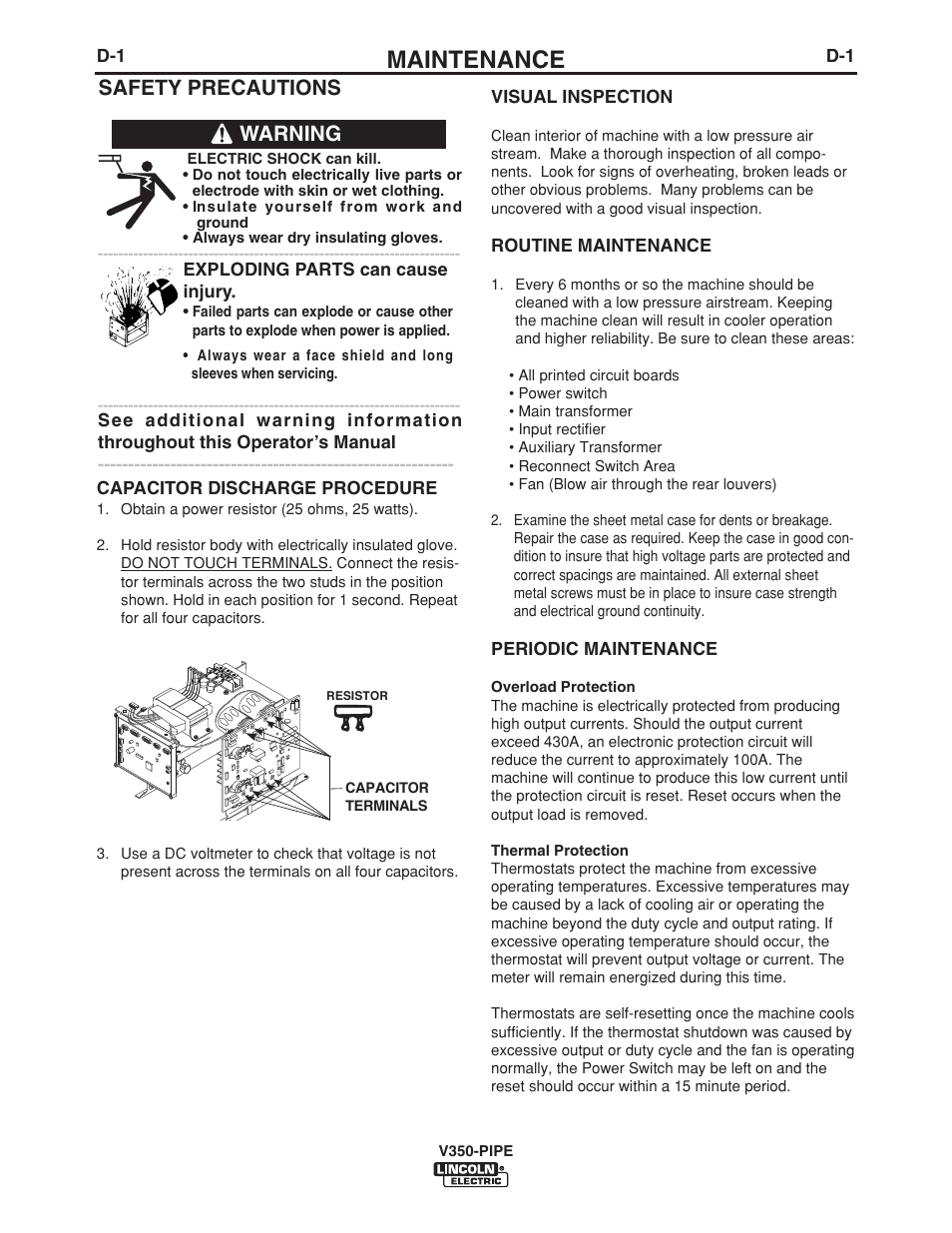 Maintenance, Safety precautions, Warning | Lincoln Electric IM757 INVERTEC V350-PIPE User Manual | Page 16 / 32