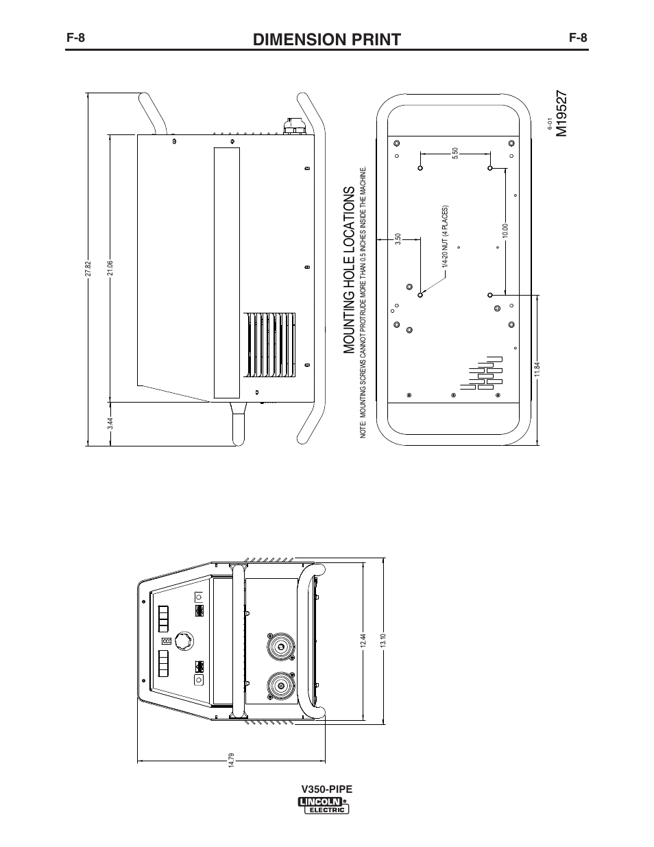 Dimension print, Mount in g hol e l ocat ions | Lincoln Electric IM757 INVERTEC V350-PIPE User Manual | Page 29 / 32