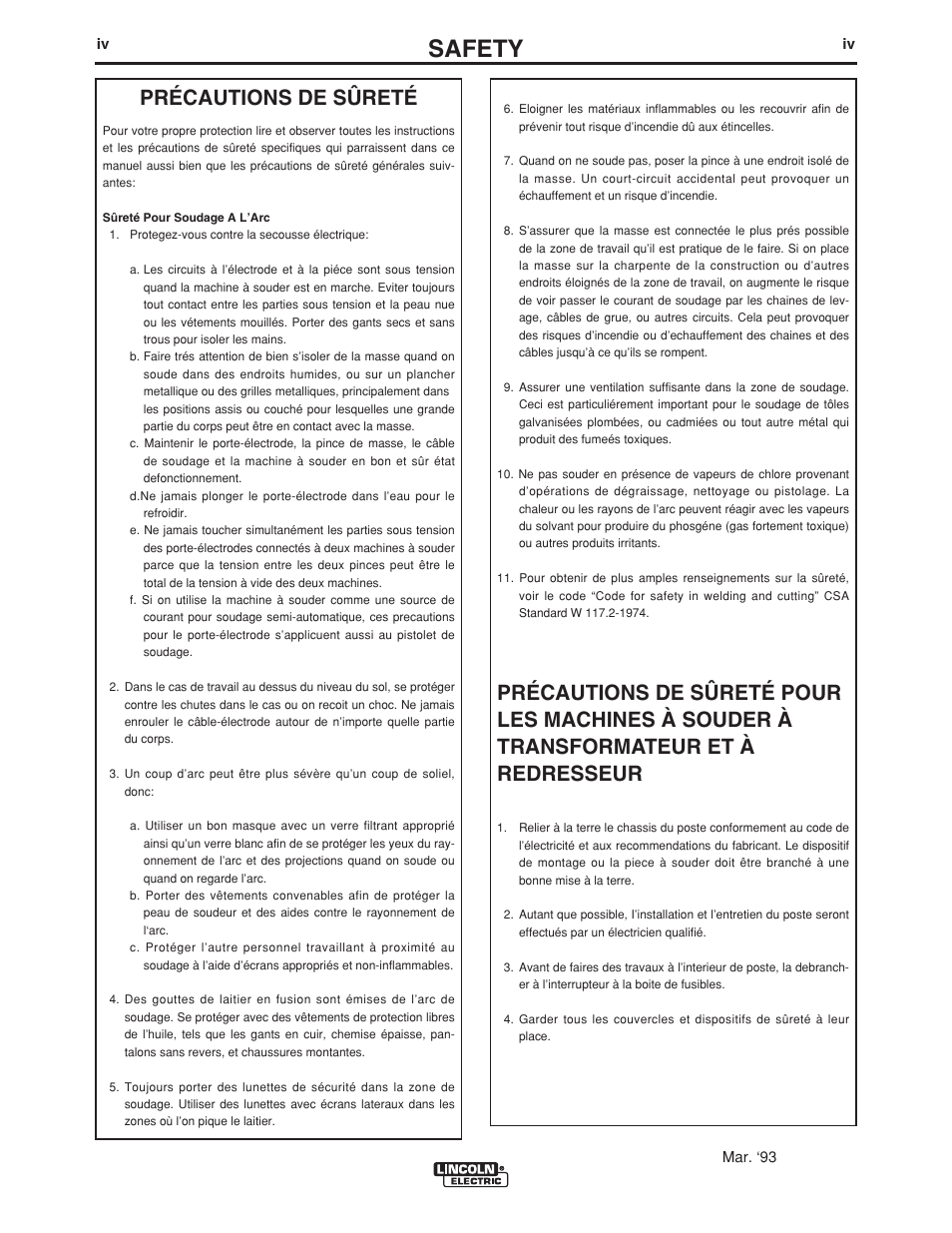 Safety, Précautions de sûreté | Lincoln Electric IM757 INVERTEC V350-PIPE User Manual | Page 5 / 32