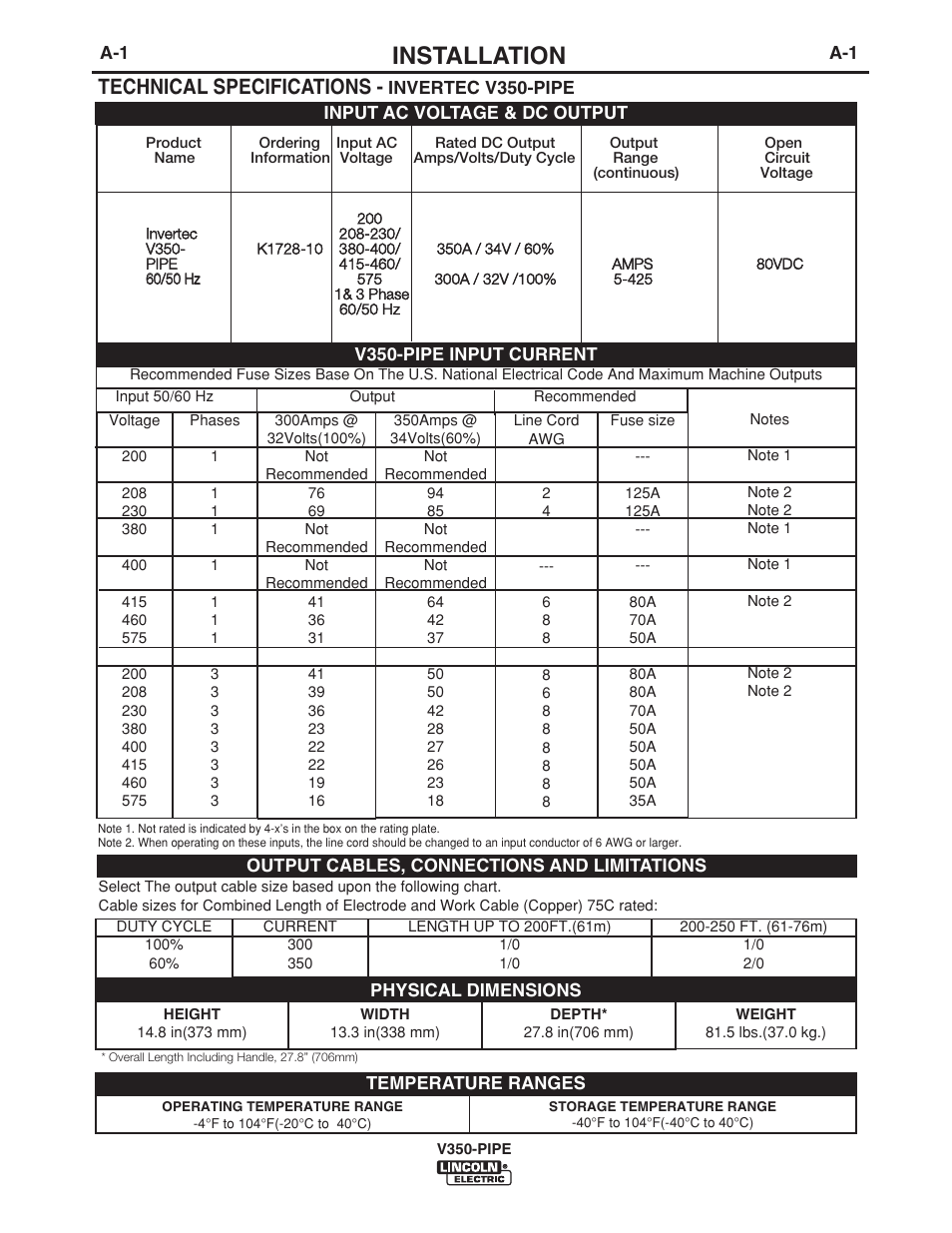 Installation, Technical specifications | Lincoln Electric IM757 INVERTEC V350-PIPE User Manual | Page 8 / 32