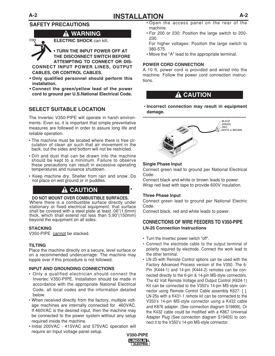 Installation, Warning, Caution | A-2 select suitable location, Safety precautions, Connections of wire feeders to v350-pipe | Lincoln Electric IM757 INVERTEC V350-PIPE User Manual | Page 9 / 32