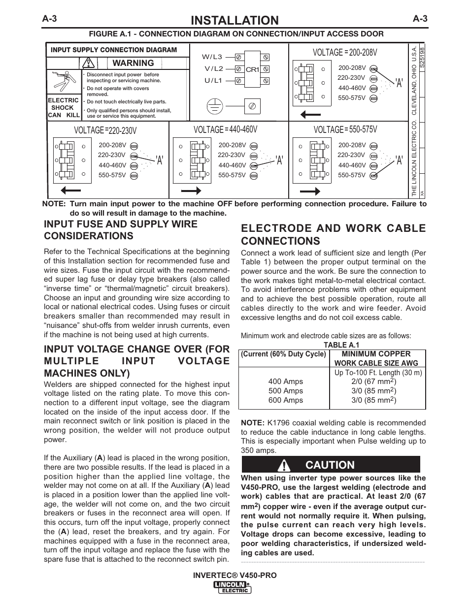 Installation, Electrode and work cable connections, Caution | Input fuse and supply wire considerations, 230v, 460v, Voltage, 575v, Warning | Lincoln Electric IM841 INVERTEC V450-PRO User Manual | Page 10 / 44