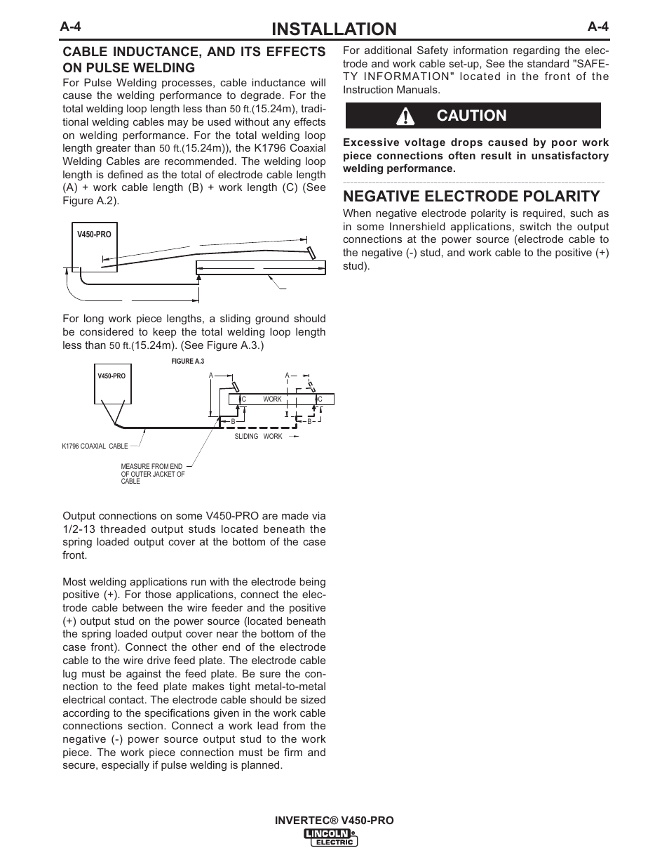 Installation, Negative electrode polarity, Caution | Lincoln Electric IM841 INVERTEC V450-PRO User Manual | Page 11 / 44