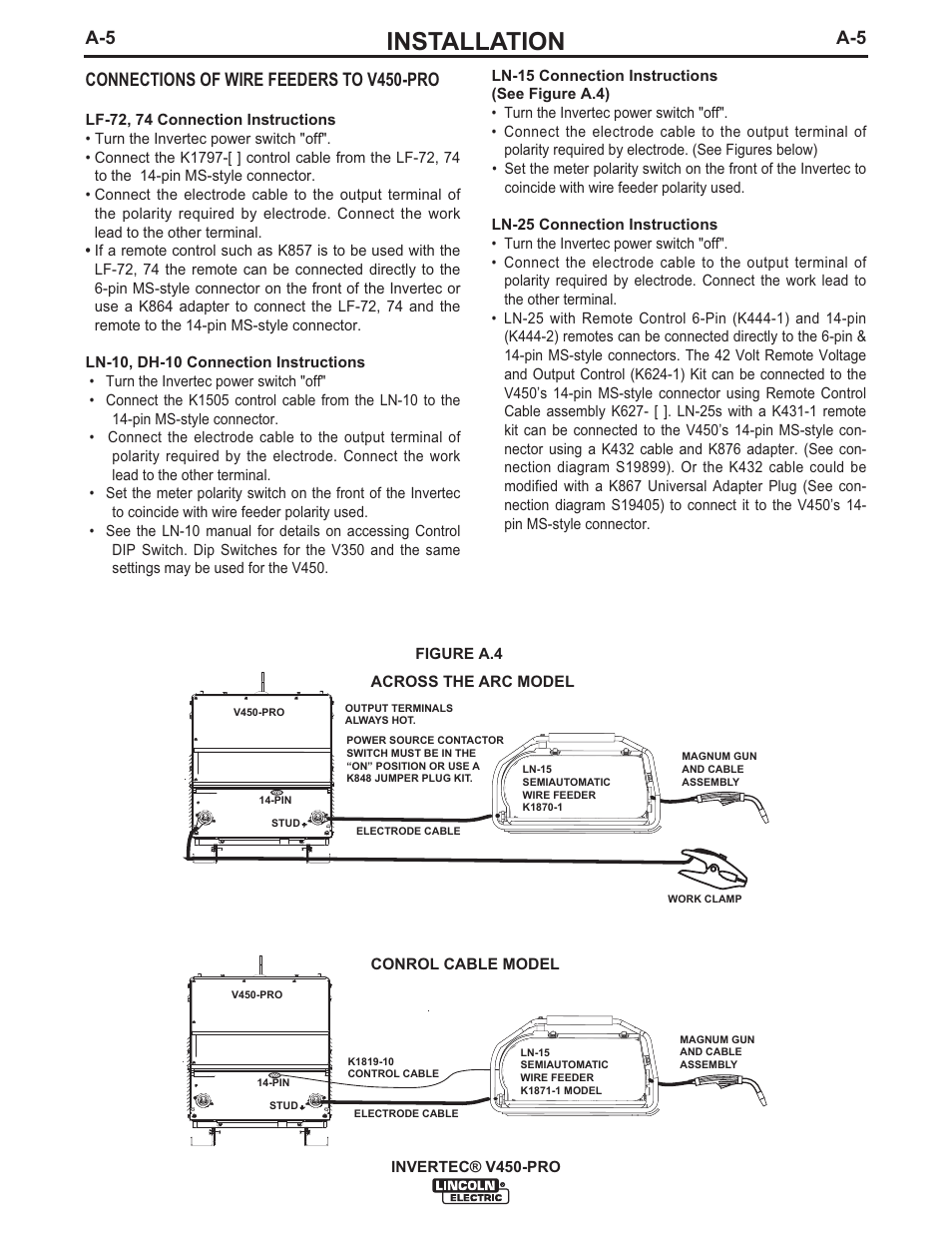 Installation, A-5 connections of wire feeders to v450-pro | Lincoln Electric IM841 INVERTEC V450-PRO User Manual | Page 12 / 44