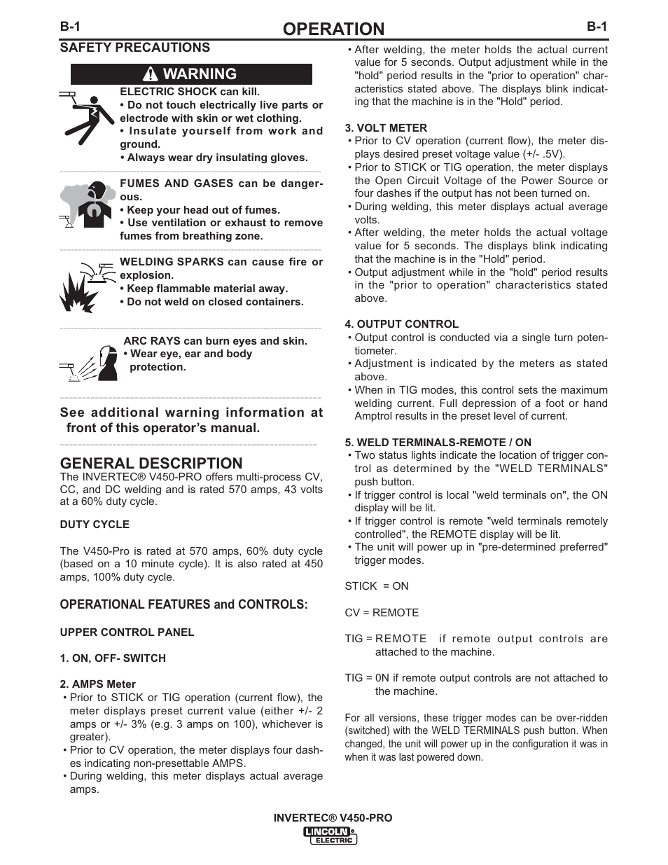 Operation, Warning general description | Lincoln Electric IM841 INVERTEC V450-PRO User Manual | Page 14 / 44