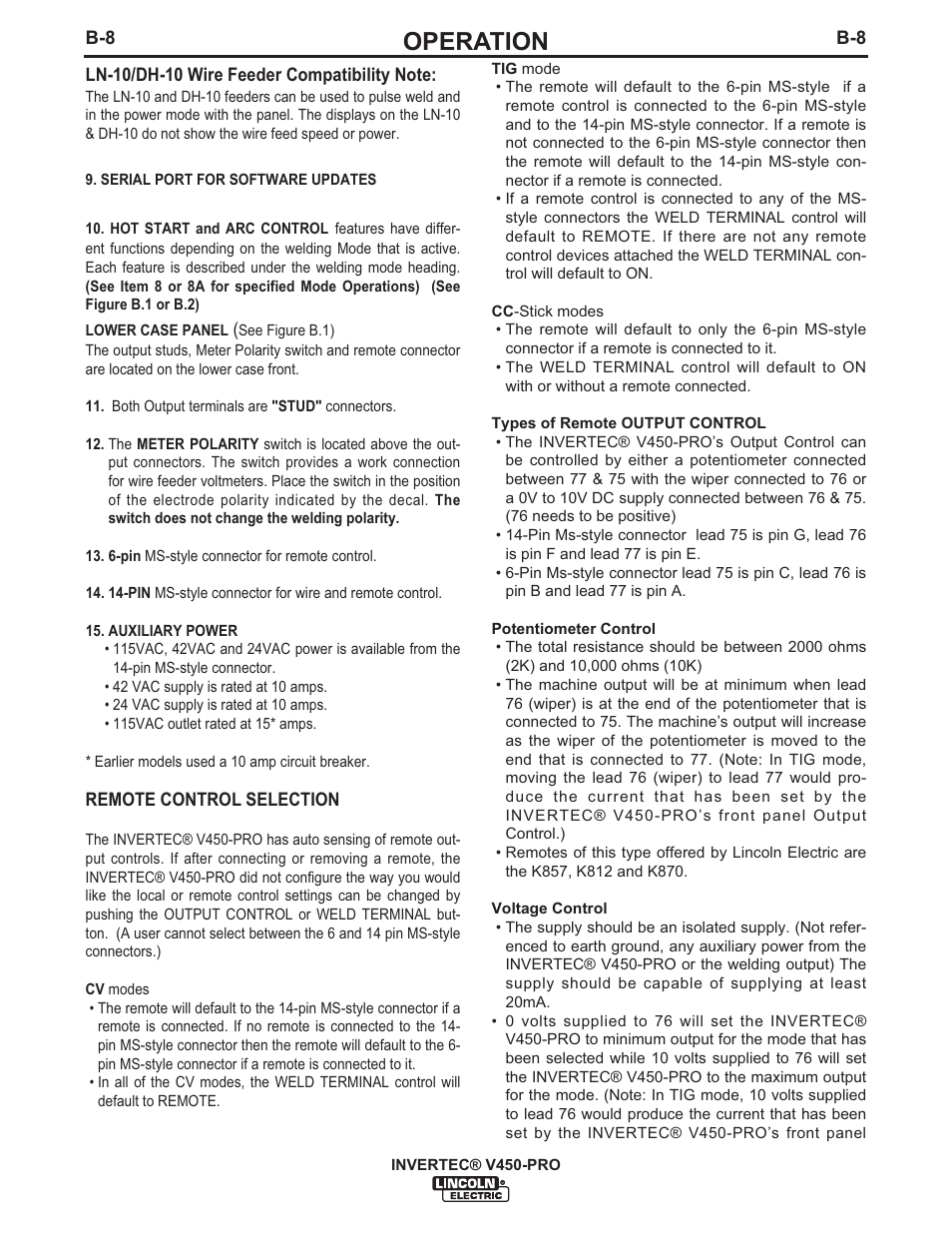 Operation | Lincoln Electric IM841 INVERTEC V450-PRO User Manual | Page 21 / 44