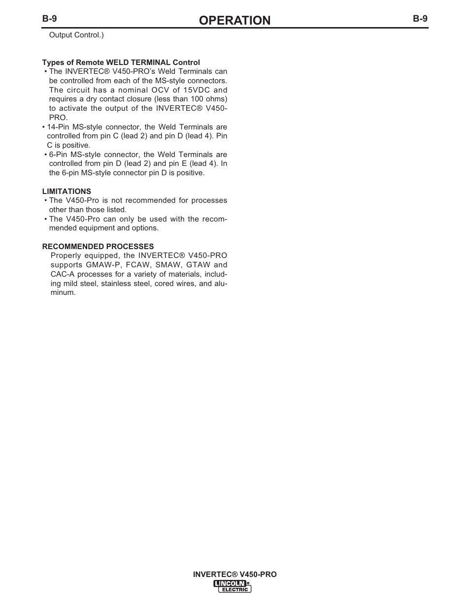 Operation | Lincoln Electric IM841 INVERTEC V450-PRO User Manual | Page 22 / 44