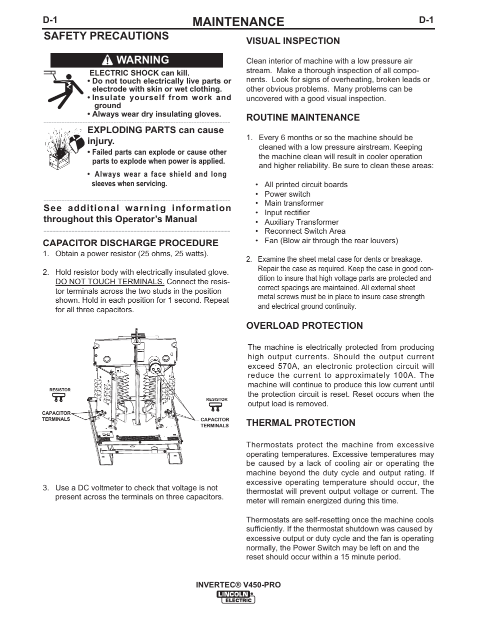 Maintenance, Safety precautions, Warning | Lincoln Electric IM841 INVERTEC V450-PRO User Manual | Page 24 / 44