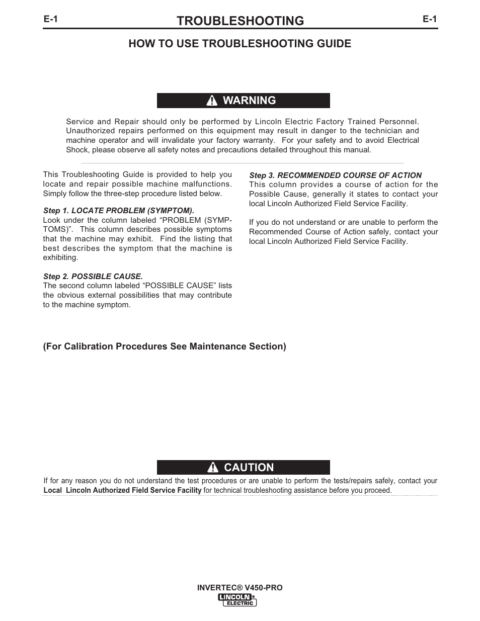 Troubleshooting, Caution, How to use troubleshooting guide | Warning | Lincoln Electric IM841 INVERTEC V450-PRO User Manual | Page 28 / 44