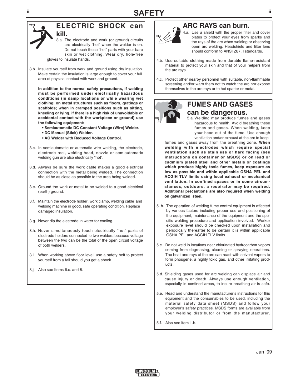 Safety, Arc rays can burn, Electric shock can kill | Fumes and gases can be dangerous | Lincoln Electric IM841 INVERTEC V450-PRO User Manual | Page 3 / 44