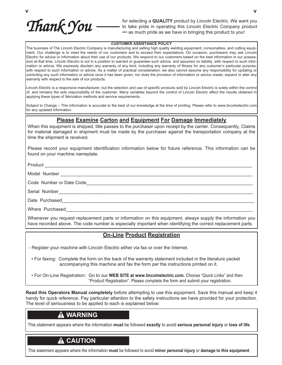 Warning, Caution | Lincoln Electric IM841 INVERTEC V450-PRO User Manual | Page 6 / 44