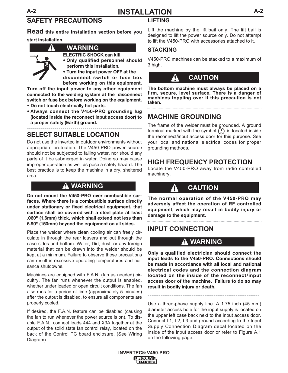 Installation, Machine grounding, High frequency protection | Input connection, Safety precautions read, Select suitable location, Warning, Warning caution caution | Lincoln Electric IM841 INVERTEC V450-PRO User Manual | Page 9 / 44