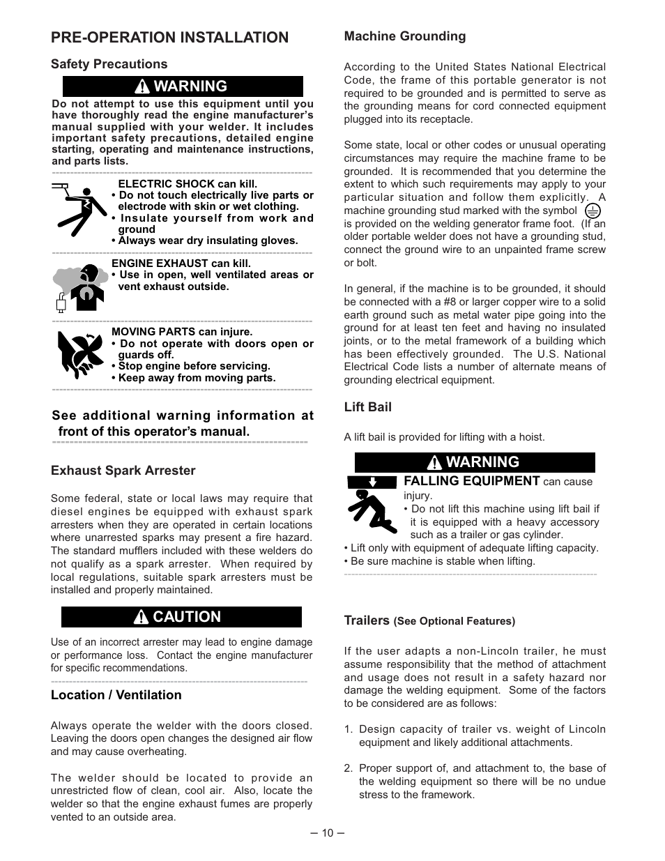 Pre-operation installation, Warning caution, Warning | Lincoln Electric IM519 350-SA PERKINS User Manual | Page 11 / 27