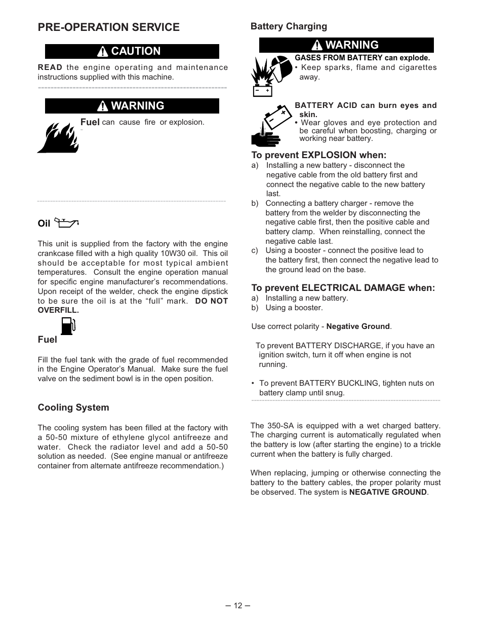 Pre-operation service, Warning caution, Warning | Lincoln Electric IM519 350-SA PERKINS User Manual | Page 13 / 27