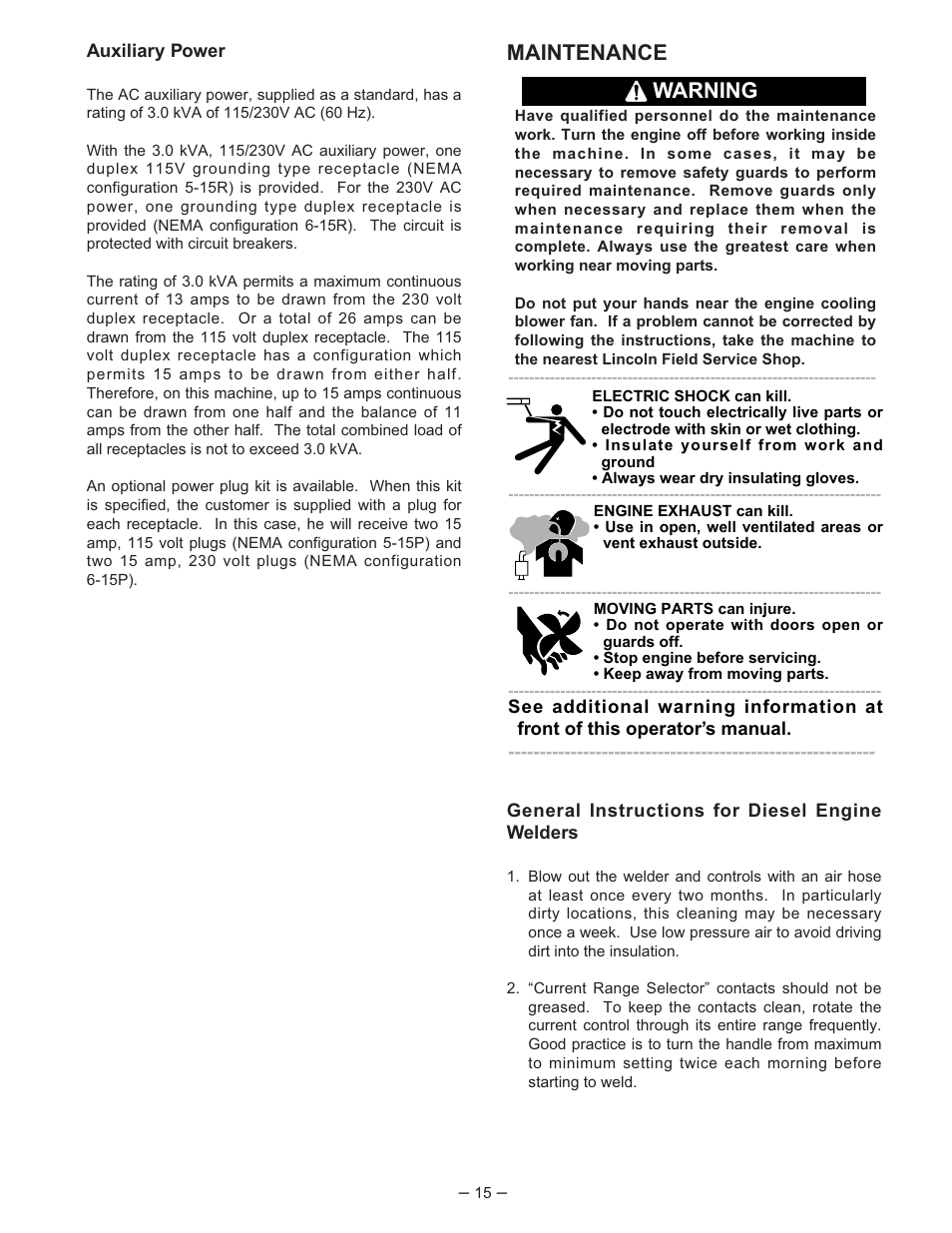 Maintenance, Warning | Lincoln Electric IM519 350-SA PERKINS User Manual | Page 16 / 27