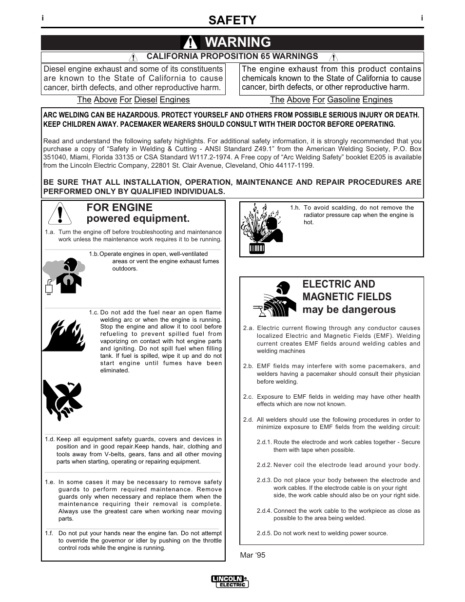 Warning, Safety, For engine powered equipment | Electric and magnetic fields may be dangerous | Lincoln Electric IM519 350-SA PERKINS User Manual | Page 2 / 27