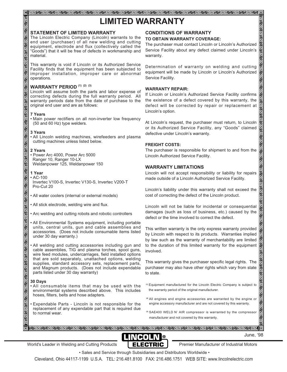 Limited warranty | Lincoln Electric IM519 350-SA PERKINS User Manual | Page 27 / 27