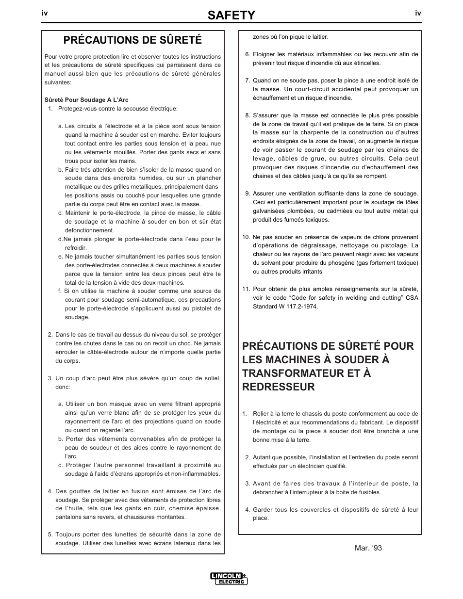 Safety, Précautions de sûreté | Lincoln Electric IM519 350-SA PERKINS User Manual | Page 5 / 27