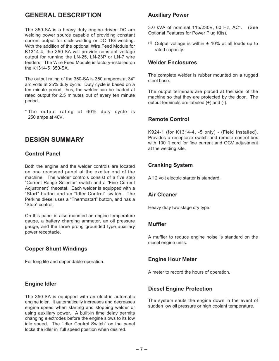 General description, Design summary | Lincoln Electric IM519 350-SA PERKINS User Manual | Page 8 / 27