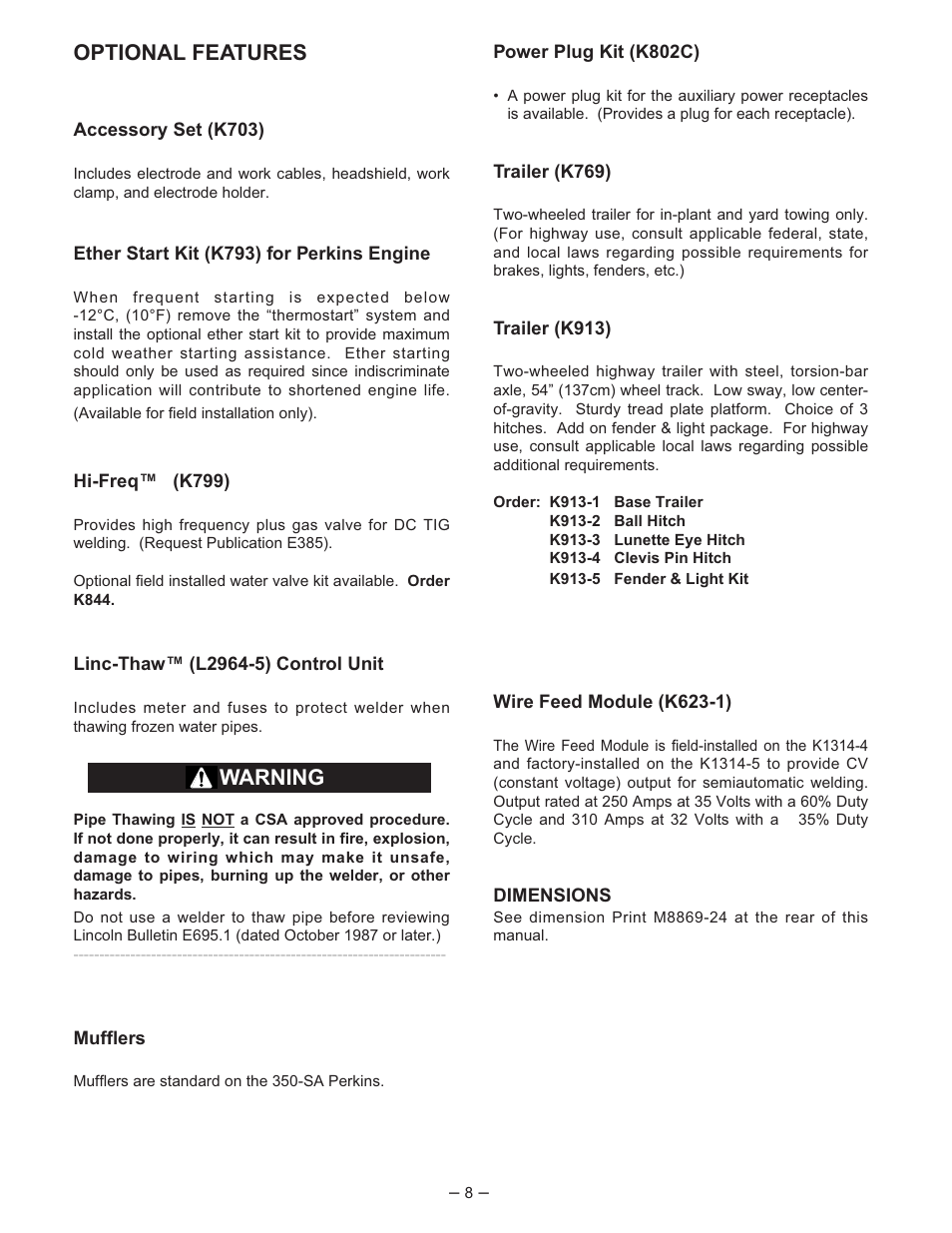 Optional features, Warning | Lincoln Electric IM519 350-SA PERKINS User Manual | Page 9 / 27