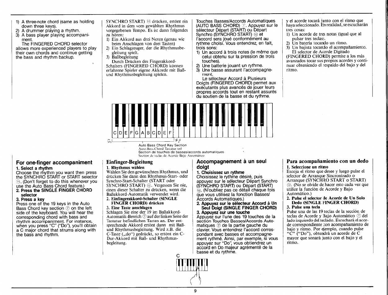 Einf inger-begleitu ng, Accompagnement à un seul doigt, Choisissez un rythme | Appuyez sur une touche | Yamaha PS-25 User Manual | Page 11 / 28
