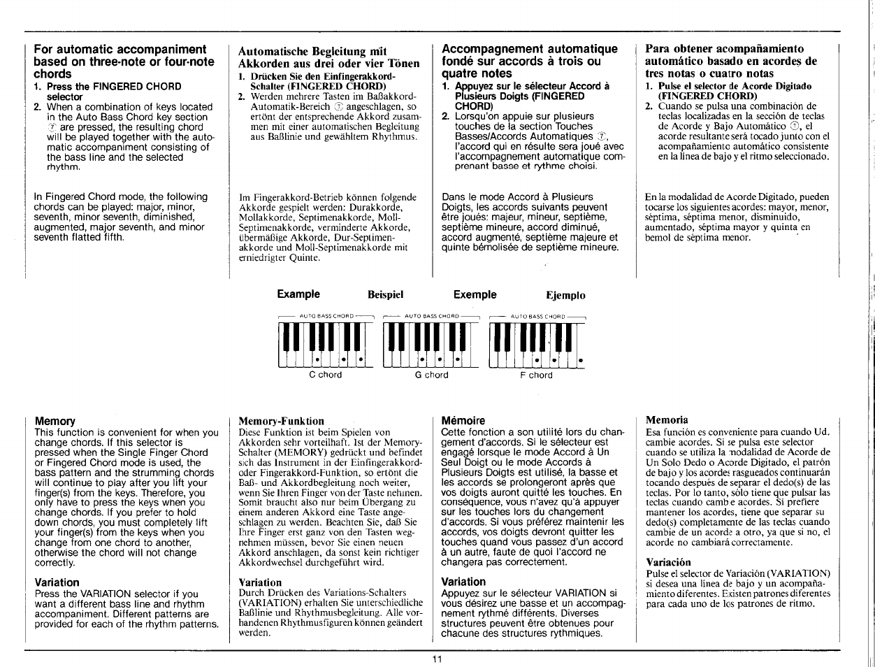Memory, Variation, Memory-funktion | Mémoire, Memoria, Variación | Yamaha PS-25 User Manual | Page 13 / 28