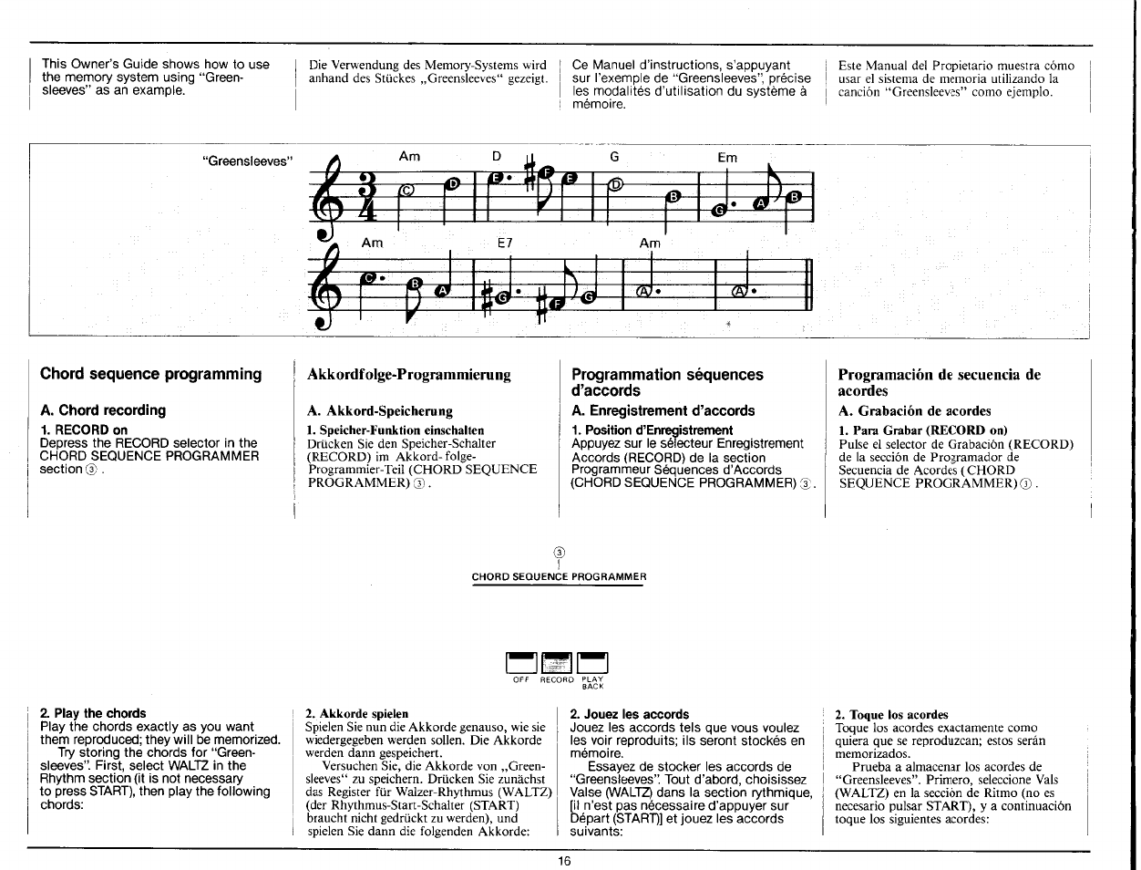 Chord sequence programming, A. chord recording 1. record on, Akkordfolge-programmierung | A. akkord-speicherung, Programmation séquences d’accords, A. enregistrement d’accords, Position d’enrmistrement, Programación de secuencia de acordes, Play the chords, Jouez les accords | Yamaha PS-25 User Manual | Page 18 / 28