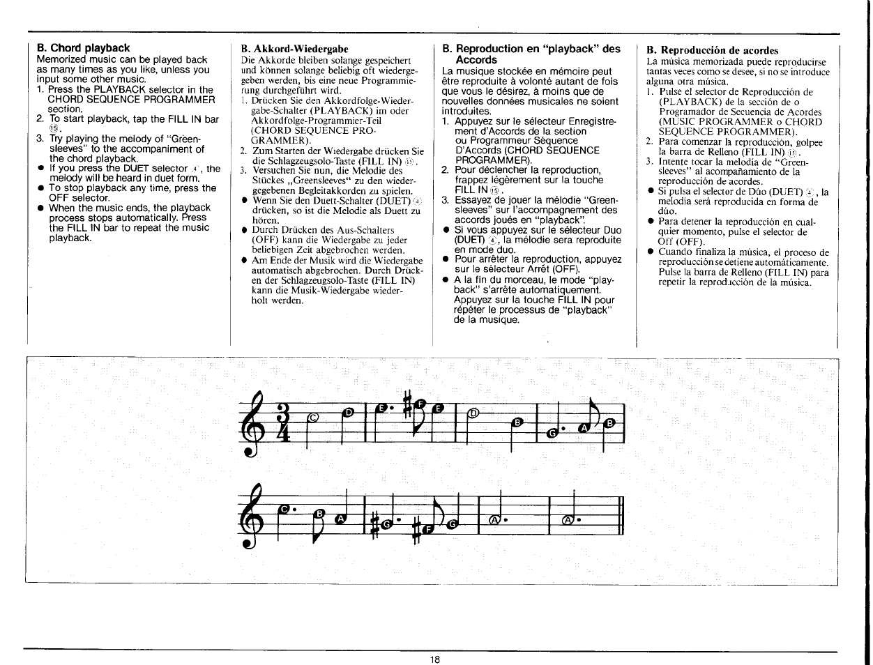 B. chord playback, B. akkord-wiedergabe, B. reproduction en “playback” des accords | B. reproducción de acordes | Yamaha PS-25 User Manual | Page 20 / 28