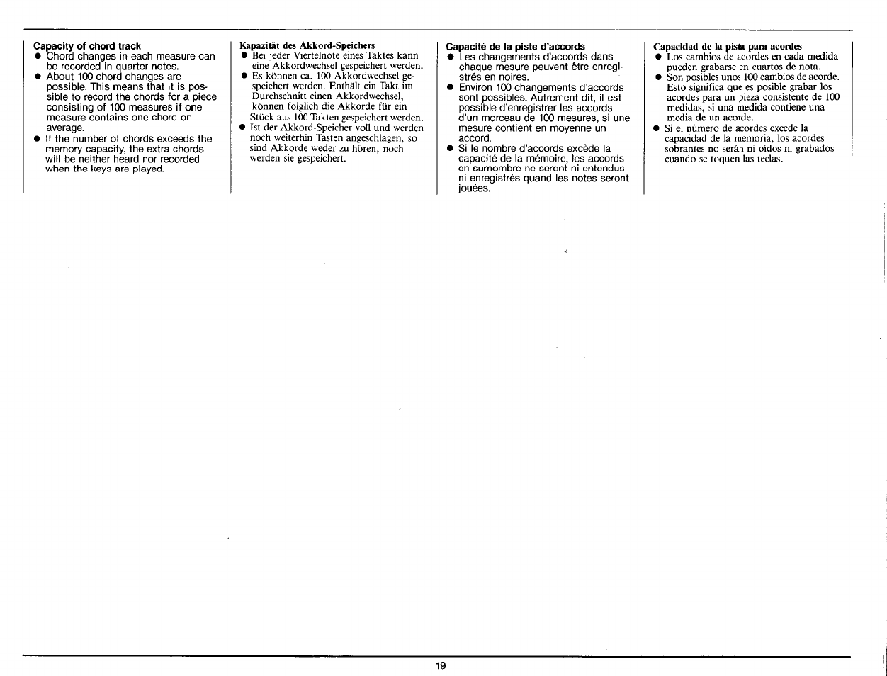 Capacity of chord track, Capacité de la piste d’accords | Yamaha PS-25 User Manual | Page 21 / 28